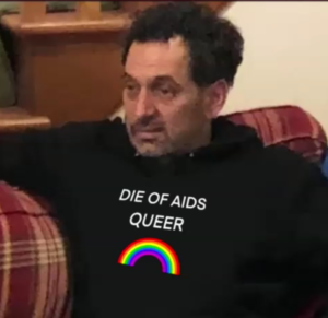 In Hot Water host Geno Bisconte wears his favorite hoodie "Die of AIDS queer"